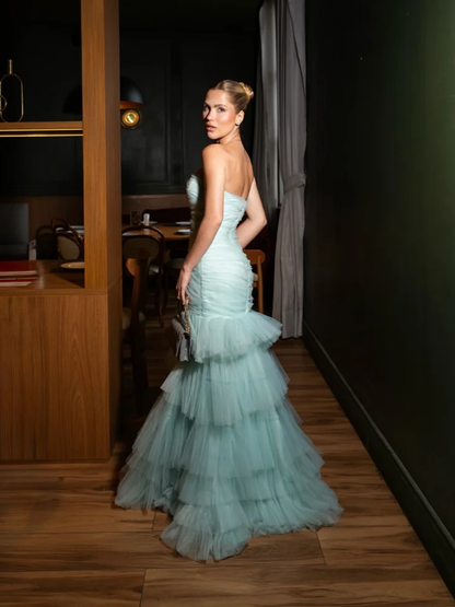 Stunning Straight Across Sleeveless Pleated Tulle Mermaid Evening Dress