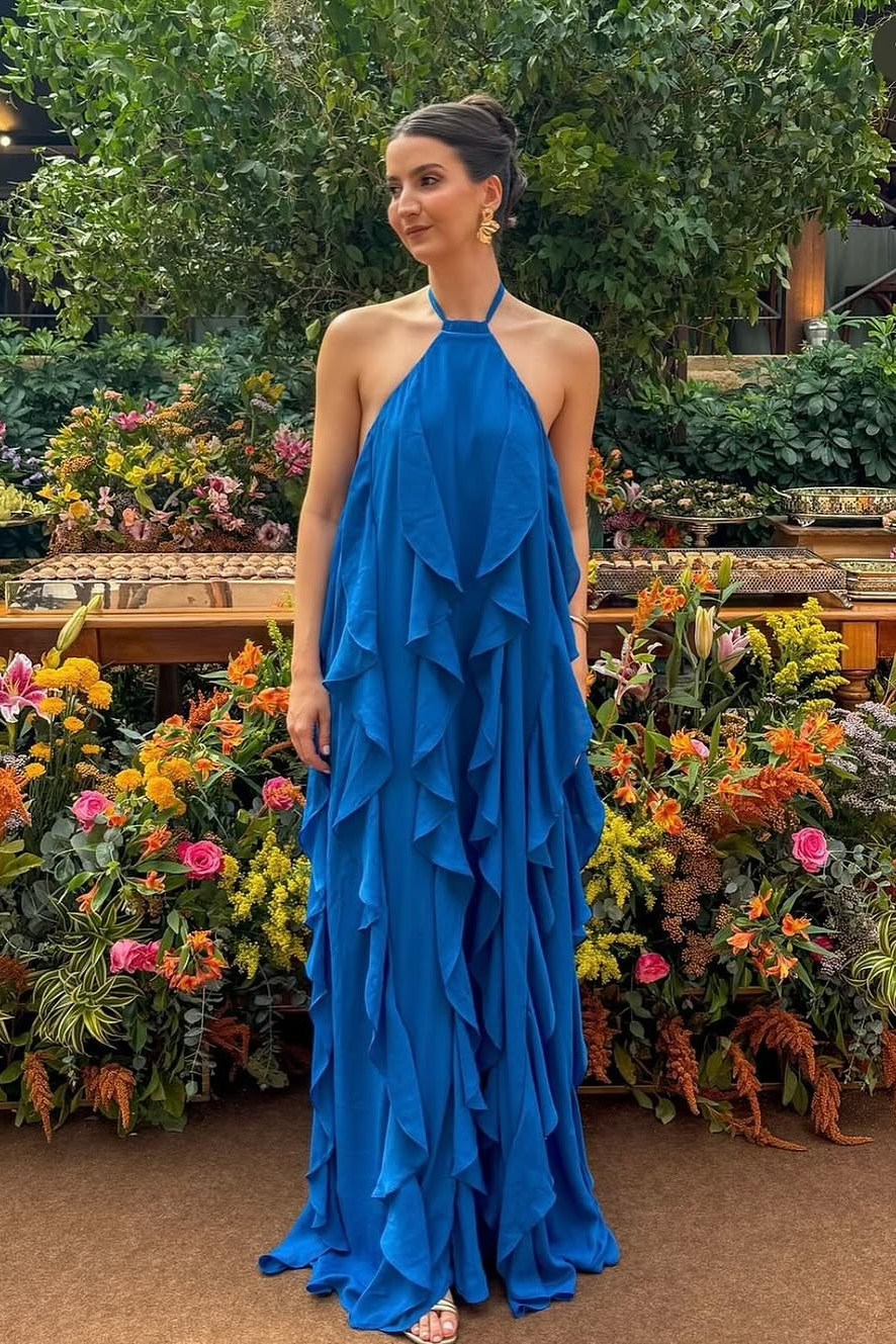 Hierarchical Blue Sleeveless Halter Straps Prom Dress