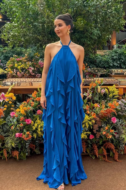 Hierarchical Blue Sleeveless Halter Straps Prom Dress