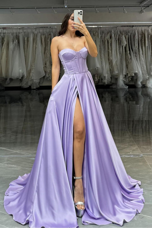 Simple Lilac Satin Strapless Sleeveless Long Pleated Prom Dress with Split