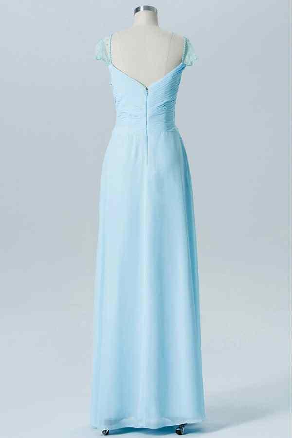 Light Blue A-line Sheer Cap Sleeves Pleated Chiffon Long Bridesmaid Dress