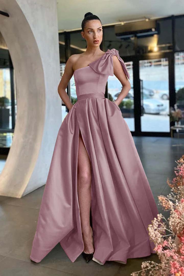 Gold Slit One-Shoulder Prom Dress With Pockets