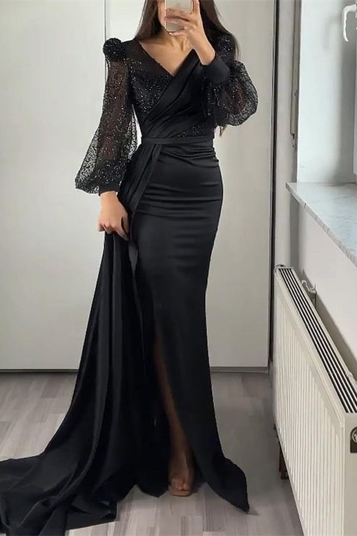 V-Neck Long Sleeves Sequins Mermaid Split Evening Dress With Ruffle