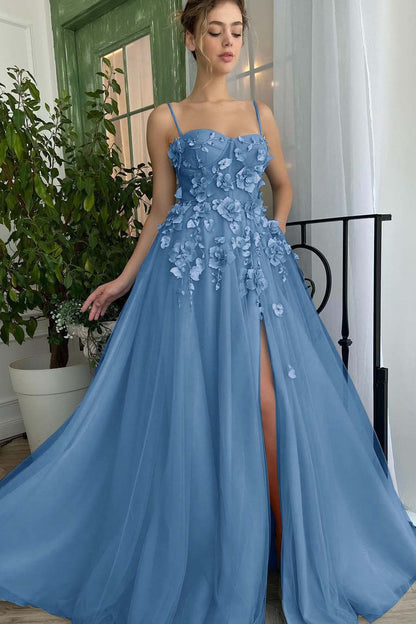 Baby Blue Sweetheart Flowers Appliques Spaghetti Strap Prom Dress Side Split