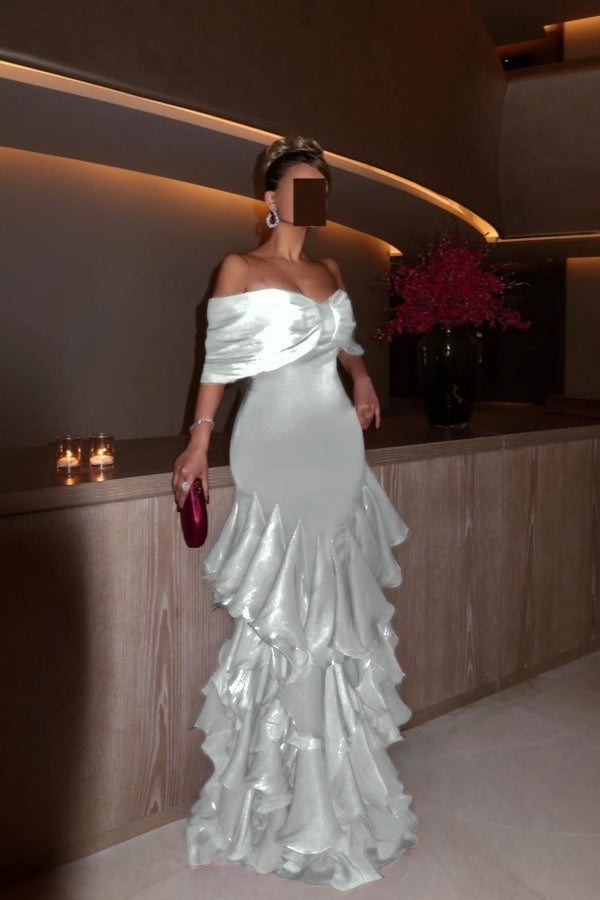 Glamorous Orchid Off the Shoulder Ruffles Evening Dress with Pleated