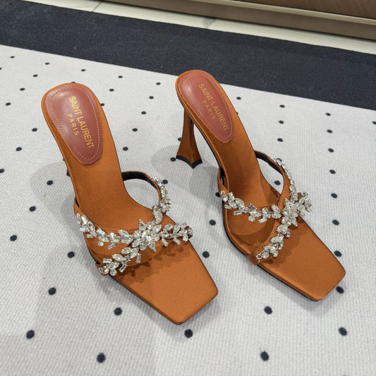 HIGH RHINESTONE CROSS STRAP MULES IN BRONZE BROWN SILK