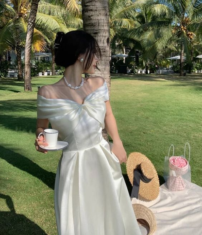 Bow Off The Shoulder Sexy Evening Dress White Fairy Party Prom Dress SH1264