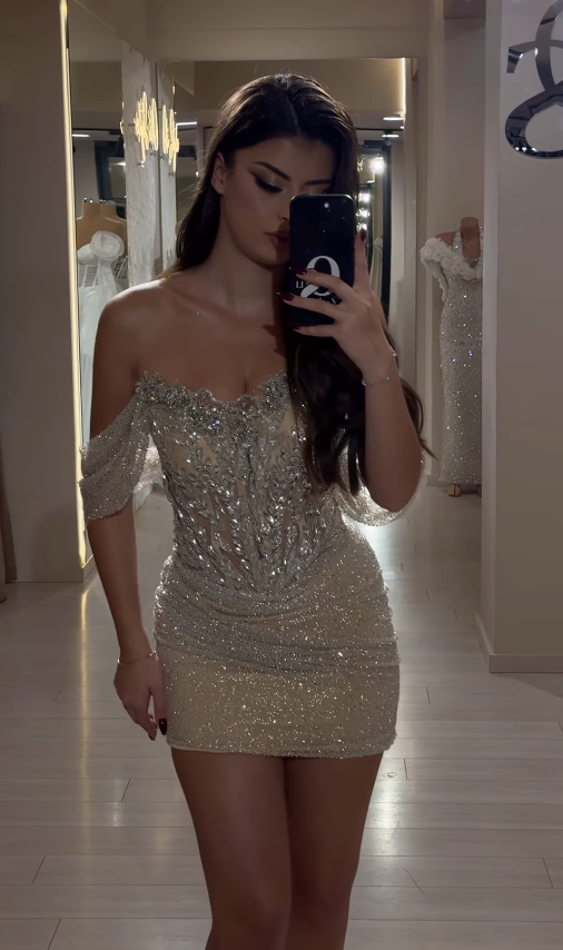 Shiny Sexy Sheath Off the Shoulder Sequin Rhinestone Tulle Short Homecoming Dress SH4792