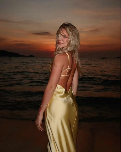 Sexy Spaghetti Straps V Neck Backless Yellow Long Party Dress Prom Gown D807