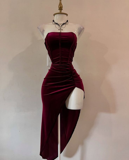 Sexy Strapless Slit Party Dress Burgundy Birthday Dress  S268