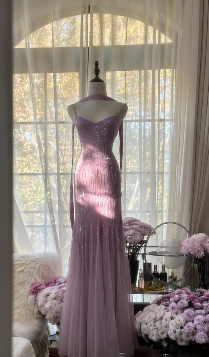 Elegant Spaghetti Straps Purple Chiffon Beaded Mermaid Long Party Dress Evening Gown D2105