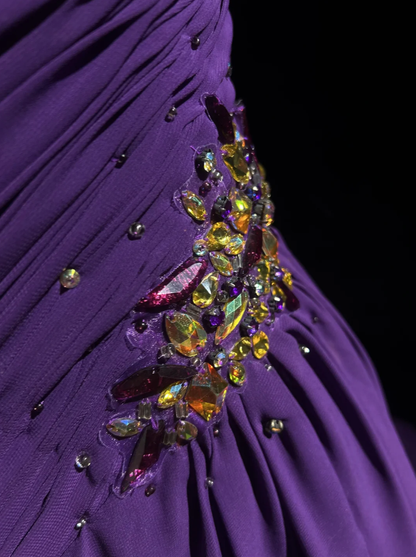 Classy One Shoulder Chiffon Pleated Beaded Mermaid Long Evening Dress Party Gown,Purple Formal Wedding Guest Dress D2060