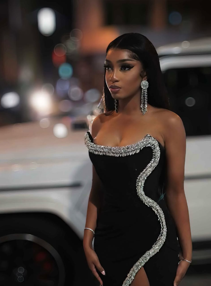Sexy Black Sheath Strapless Rhinestone Satin Prom Dress Party Dress with Slit SH5055