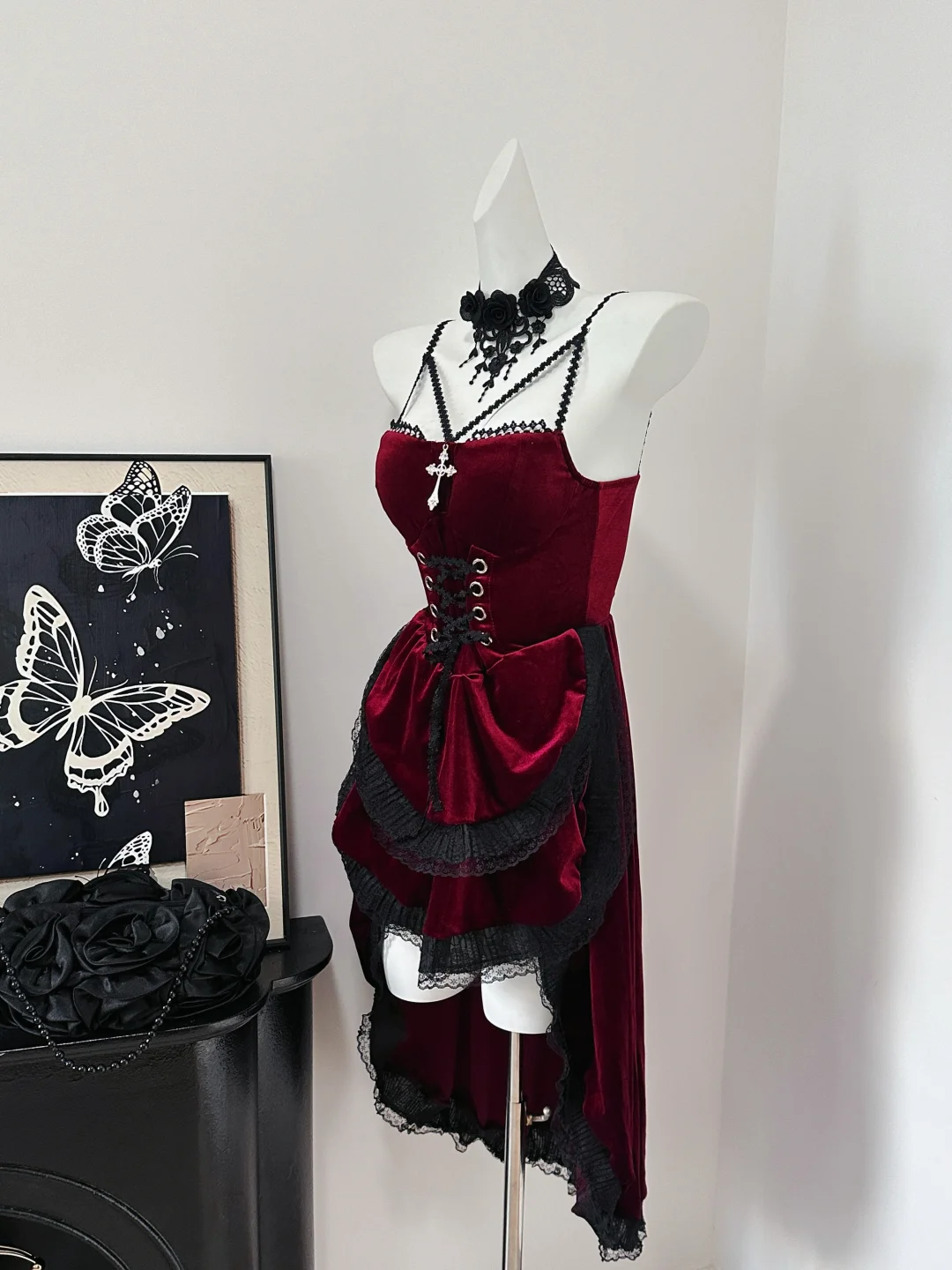 Pretty Red Velvet Lace Layered Birthday Dress Spaghetti Straps Short Graduation Homecoming Dress  S634