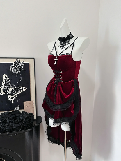 Pretty Red Velvet Lace Layered Birthday Dress Spaghetti Straps Short Graduation Homecoming Dress  S634