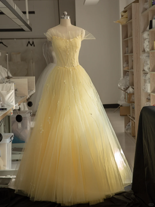 Stunning A Line Strapless Flower Light Yellow Tulle Long Prom Dress Evening Dress SH2993