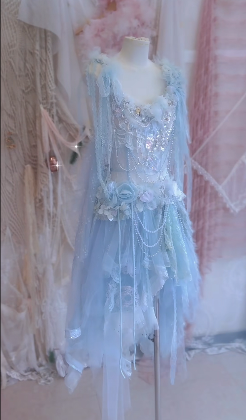 Baby Blue A Line Straps Floral Beaded Tulle Short Prom Dress 16th Birthday Dress SH4263