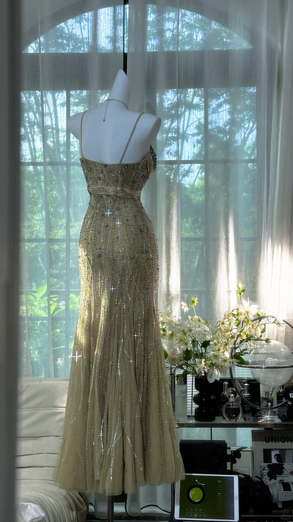 Classy Spaghetti Straps Green Chiffon Beaded Mermaid Long Prom Dress Evening Dress D1251
