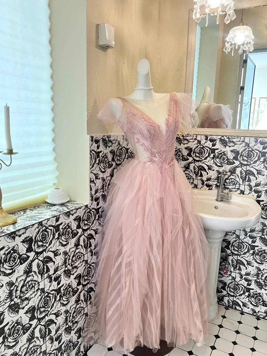 Classic Pink A Line V Neck Beaded Tulle Long Party Dress Prom Dress Formal Dress SH3850