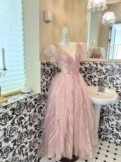 Classic Pink A Line V Neck Beaded Tulle Long Party Dress Prom Dress Formal Dress SH3850