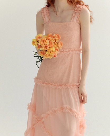 Orange-pink A Line Spaghetti Strap Lace Long Prom Dress Party Dress SH4146