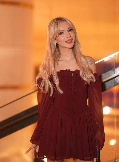Burgundy  A Line Long Sleeve Chiffon Short Homecoming Dress Cocktail Dress SH3591