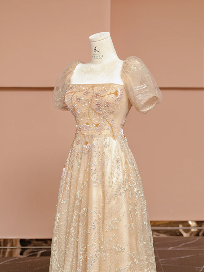 Pretty A Line Puff Beaded Sequin Champagne Tulle Long Prom Dress Party Dress SH4365