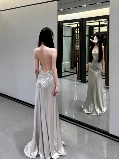 Open Back Silver A Line Spaghetti Straps Simple Satin Long Prom Dress Party Dress SH5020