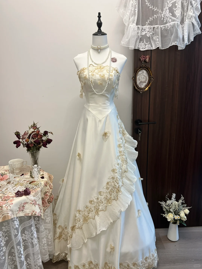 Vintage A Line Strapless Golden Appliques White Satin Long Prom Dress Party Dress SH3032