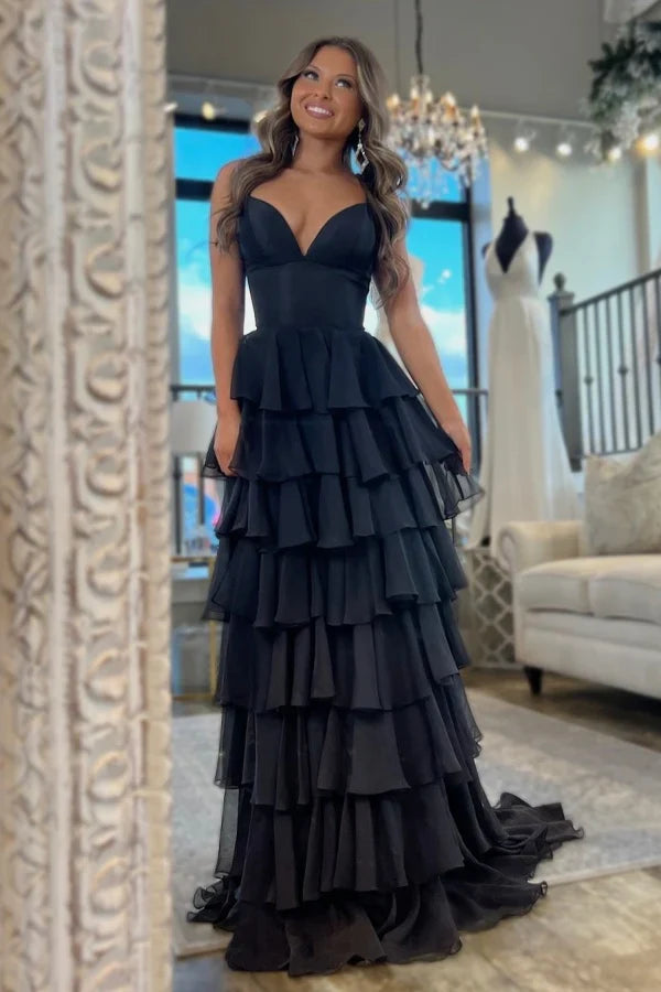 V-Neck Spaghetti Straps Chiffon A-Line Tiered Party Prom Dress