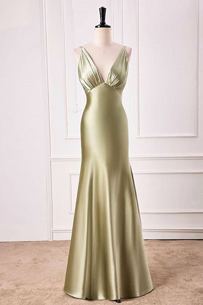 Dusty Sage Mermaid V Neck Satin Long Prom Dress
