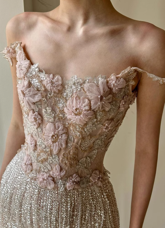 Exquisite Beaded Floral A Line Spaghetti Strap Tulle Long Evening Dress Gown Dress SH3586