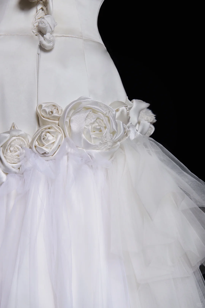 Mermaid Halter White Floral Ruffle Satin Tulle Wedding Dress SH4710