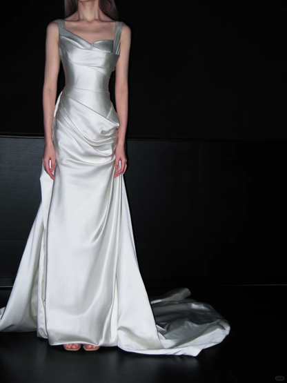 Classy White A Line Straps Satin Simple Pleated Long Wedding Dress SH4713