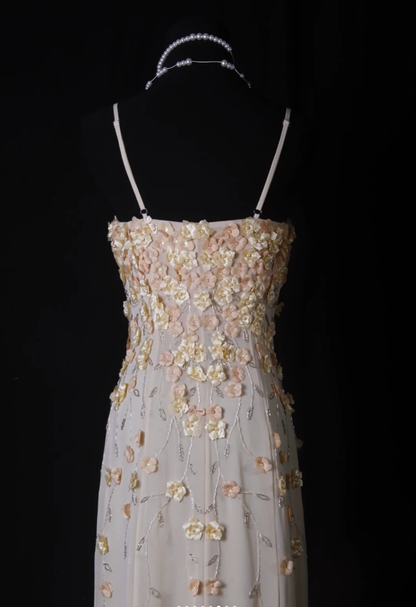 Fairy Spaghetti Straps Chiffon 3D Floral Beaded Mermaid Long Prom Dress Party Gown D2239