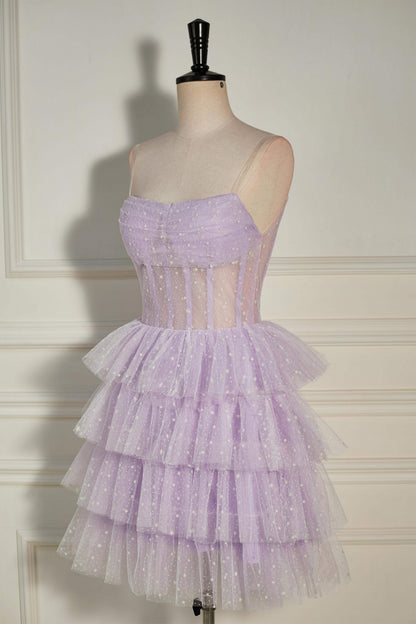 Lavender Strapless Dot Tulle Multi-Layers Homecoming Dress