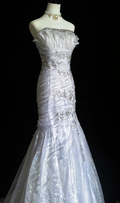 Elegant Strapless White Tulle Beaded Mermaid Long Party Dress Birthday Prom Dress D2164