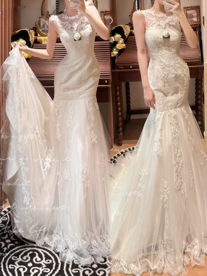 Vintage Mermaid Round Neck White Lace Prom Dresses 18th Birthday Dresses SH4643