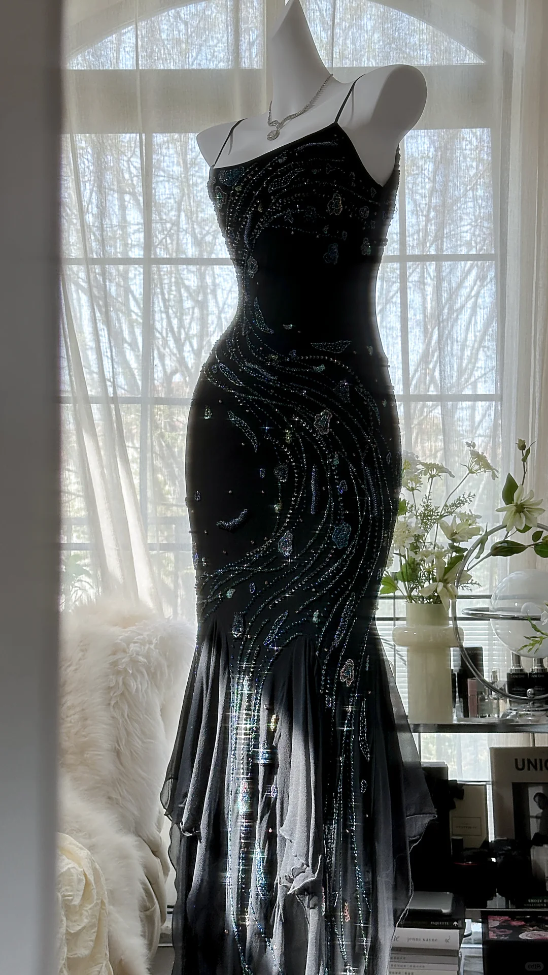 Gorgeous Mermaid Spaghetti Strap Beaded Black Chiffon Party Dress Evening Dress SH2961