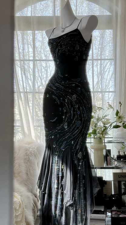 Gorgeous Mermaid Spaghetti Strap Beaded Black Chiffon Party Dress Evening Dress SH2961
