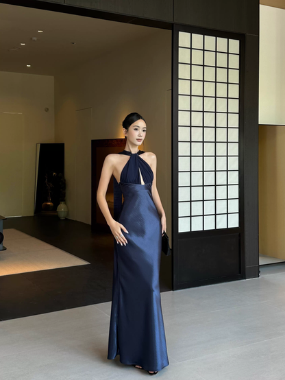 Classy Sleeveless Navy Blue Satin Mermaid Long Wedding Guest Dress Formal Backless Party Dress Evening Gown D2082
