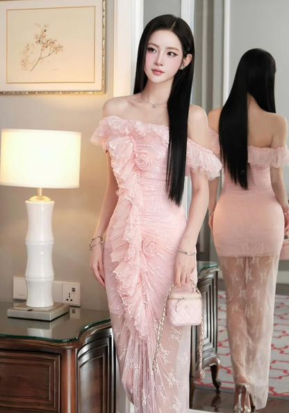 Classic Sheath Off the Shoulder Pink Lace Long Prom Dress Evening Dress SH4670