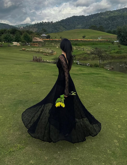 Black Lace Sexy A Line Long Sleeve Evening Dress Prom Dresses Formal Gown SH3941