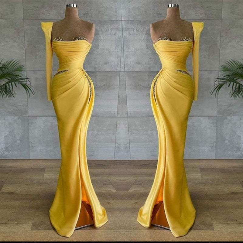 Asymmetrical Prom Dress Yellow With Beading