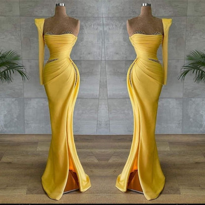 Asymmetrical Prom Dress Yellow With Beading