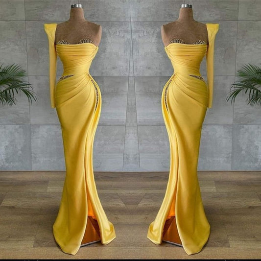 Asymmetrical Prom Dress Yellow With Beading
