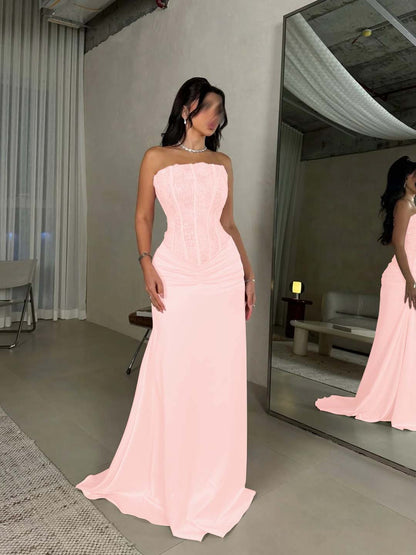 Sleeveless Square Mermaid Strapless Beads Prom Dress