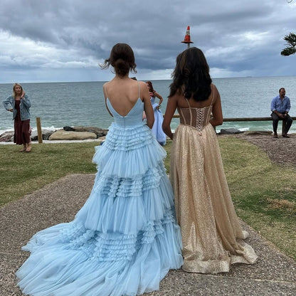 Baby Blue Deep V-Neck Spaghetti Straps A-Line Prom Dress