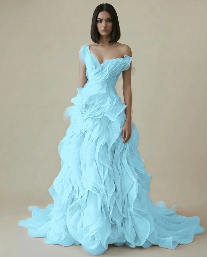 Dreamy Sky Blue V-Neck Pleated Ruffles Long Evening Dress