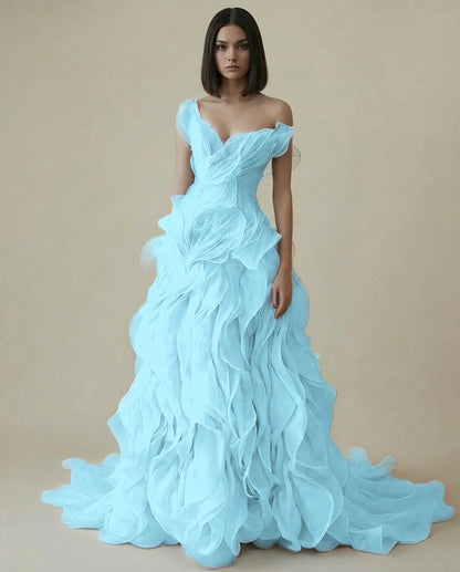 Dreamy Sky Blue V-Neck Pleated Ruffles Long Evening Dress